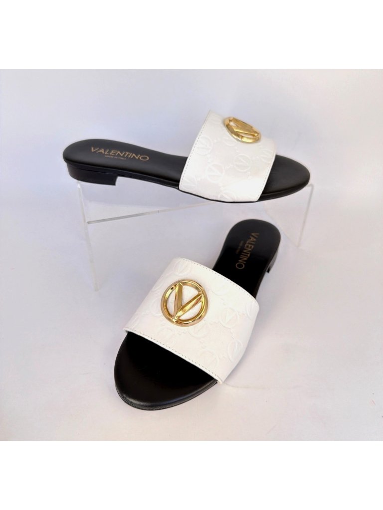 Valentino Mario Valentino Carrie Sandals White Leather Golden Logo Slides Size 7